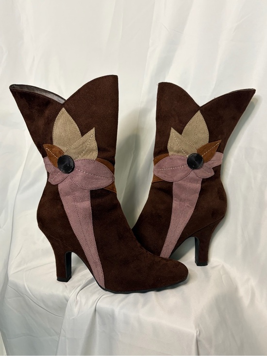 Shoes - Women's Brown Suede Floral Accent High-Heel Boots
